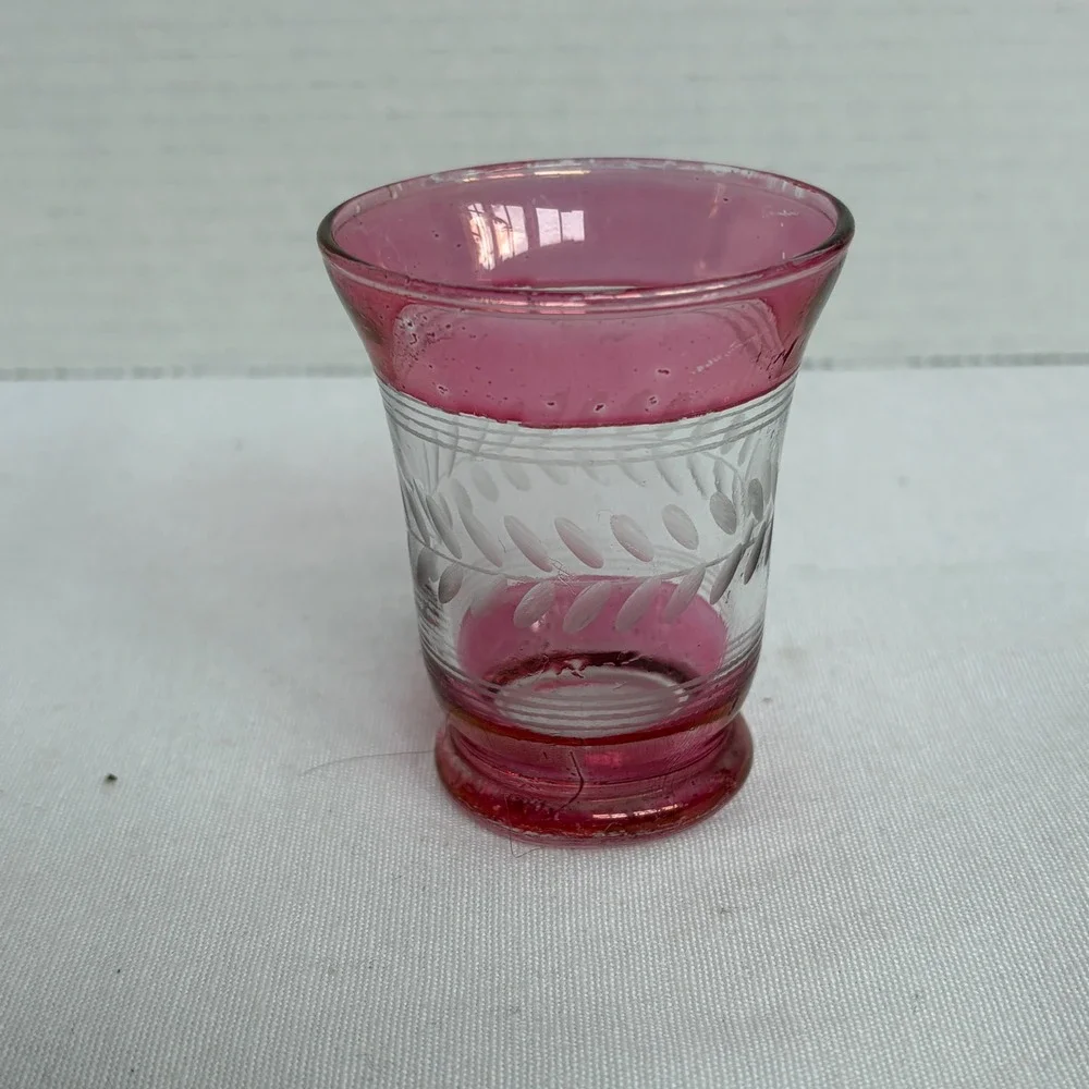 Vintage Cranberry Flashed Glass Shot Glasses Set‎ of 2 Etched Leaf Wheat Pattern